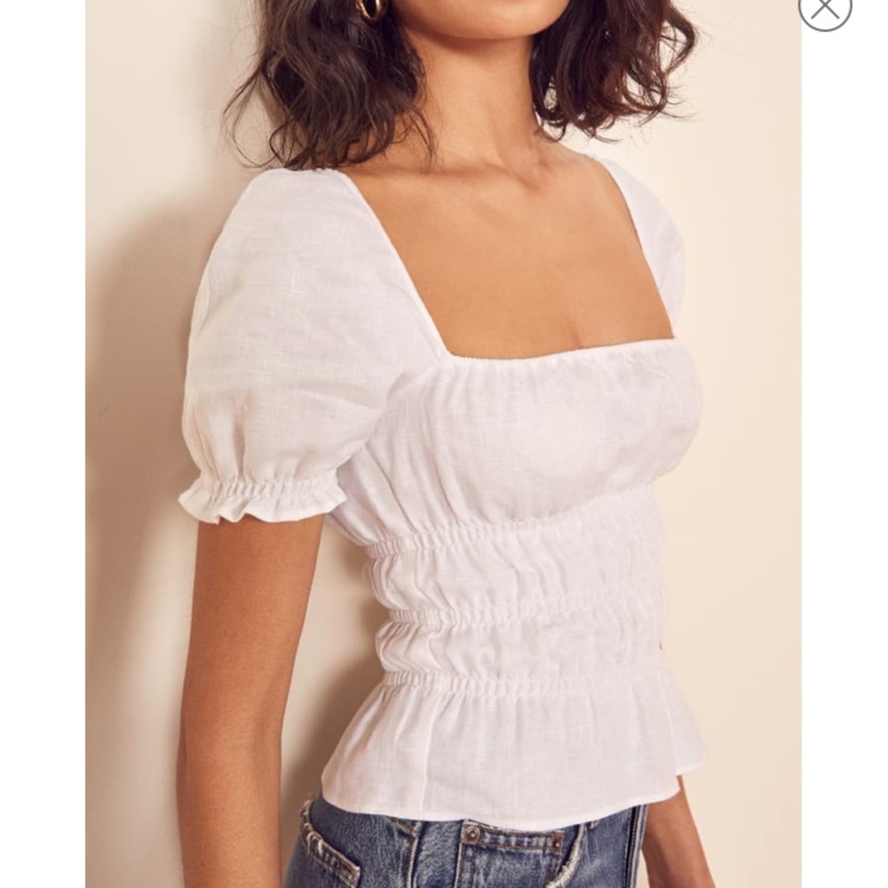 Reformation Ellie White smocked linen top